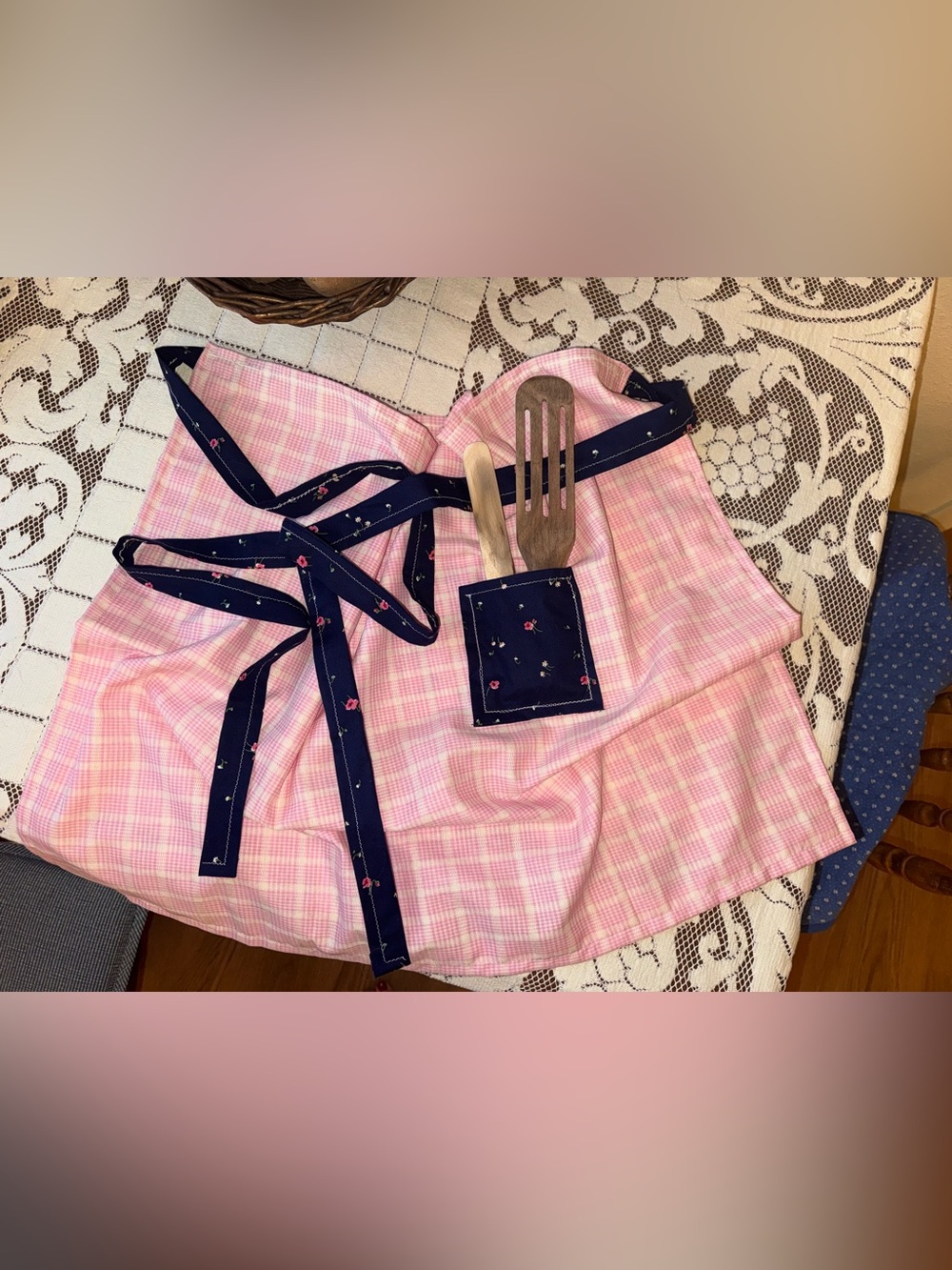 Navy Floral Trim Pink Plaid Handmade Waist Apron
